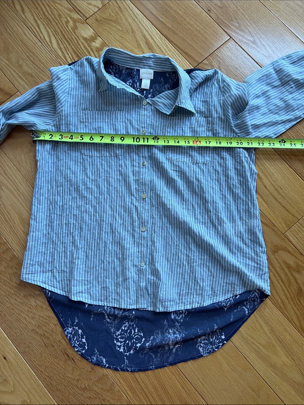 Chico's Striped Button-Down Shirt with Navy floral & Lace Back - Picture 7 of 9